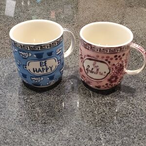 Anthropolige Gena Mugs Blue and Pink Ceramic Mugs with Decorative Designs